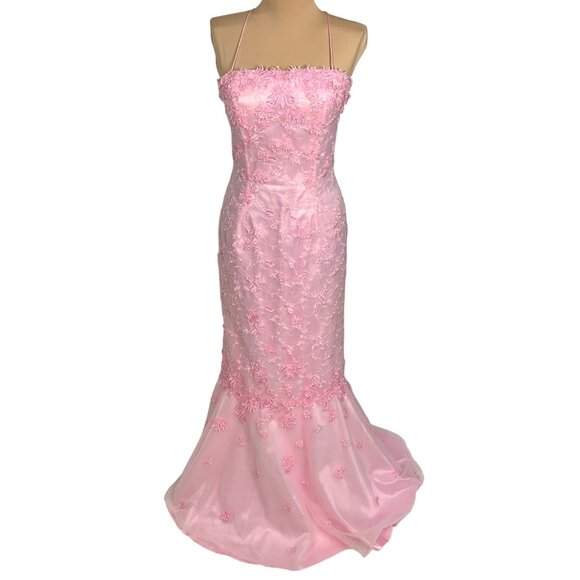 Beyond Jovani Pink Embroidered Evening Gown 4 Lace-Up Corset Back Mermaid Prom - Picture 2 of 10